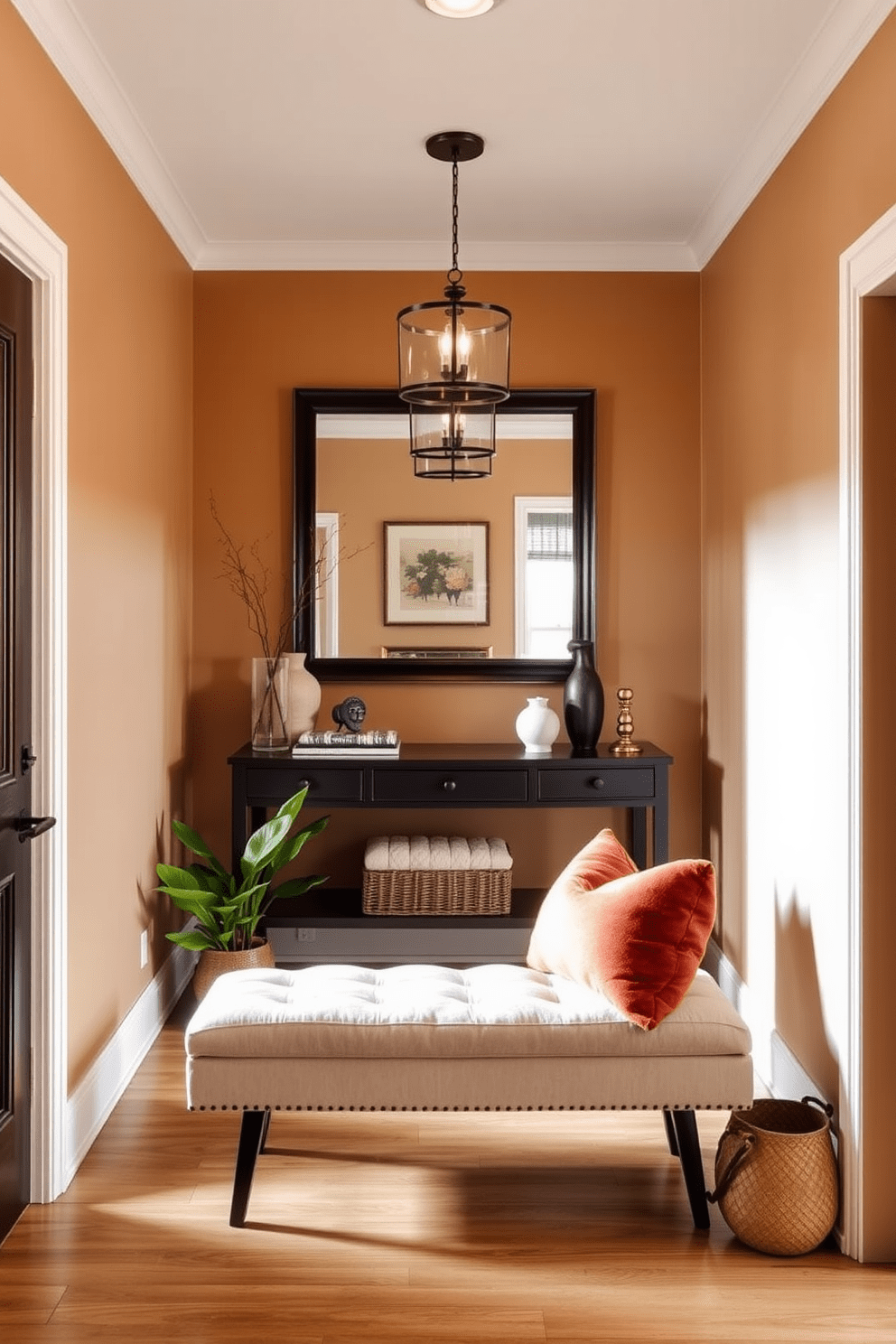 Create an inviting entryway that features a warm color palette with soft lighting. Include a stylish console table adorned with decorative items and a large mirror that enhances the space. Incorporate a comfortable bench with plush cushions for seating. Add a few potted plants to bring a touch of nature indoors and create a welcoming atmosphere.