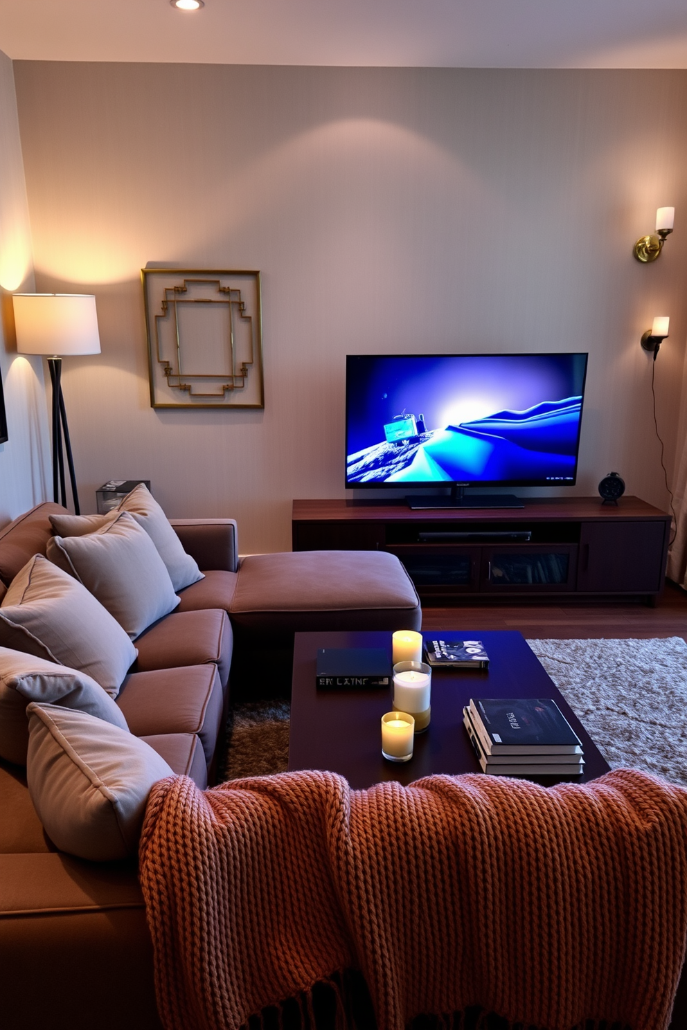 A cozy TV viewing area features a plush sectional sofa adorned with soft throw pillows and a warm knitted blanket. A stylish coffee table sits in front, surrounded by a few decorative books and a scented candle, creating an inviting atmosphere. The wall opposite the sofa is equipped with a sleek entertainment unit that houses a large flat-screen TV and decorative items. Soft ambient lighting from floor lamps and wall sconces enhances the comfort of the space, making it perfect for relaxing movie nights.