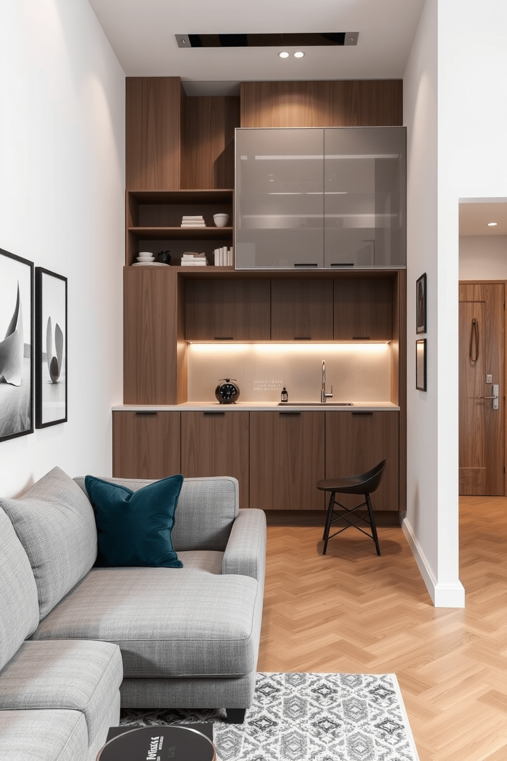 A stylish L-shaped apartment featuring corner cabinets for efficient storage solutions. The living area seamlessly integrates with the kitchen, showcasing modern cabinetry and a cozy dining nook.