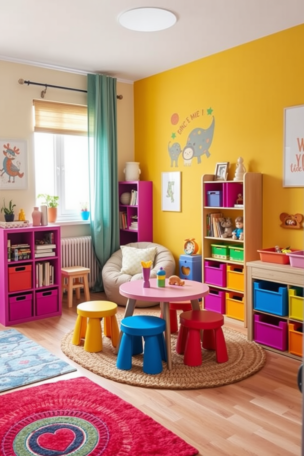 Create a playful kids corner in an L-shaped apartment featuring vibrant colors and fun furniture. Include a cozy reading nook with a small bookshelf, a bean bag chair, and whimsical wall art that inspires creativity. Incorporate a low table with colorful stools for arts and crafts, surrounded by soft rugs for comfort. Add playful storage solutions like bright bins and shelves to keep toys organized and accessible.