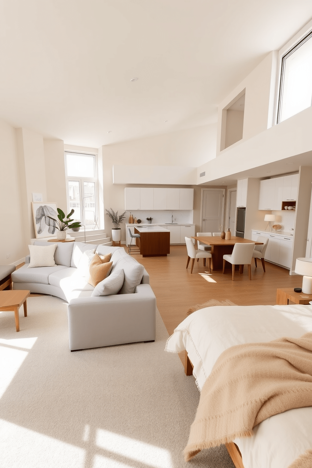 A serene L-shaped apartment featuring an open concept living area. The walls are painted in soft beige tones, complemented by a light gray sectional sofa and a minimalist coffee table. The dining area includes a sleek wooden table surrounded by upholstered chairs in neutral fabrics. Large windows allow natural light to flood the space, enhancing the calming atmosphere. In the kitchen, white cabinetry contrasts beautifully with a warm wooden island. Subtle decorative elements like potted plants and simple artwork add a touch of personality without overwhelming the design. The bedroom showcases a plush bed with neutral linens and a cozy throw blanket. Soft lighting from bedside lamps creates a relaxing ambiance, perfect for unwinding at the end of the day.