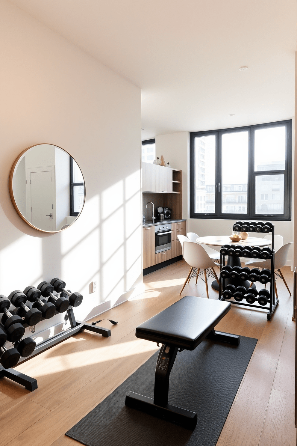 A cozy small home gym area featuring a wall-mounted mirror that reflects natural light. The space includes a compact weight bench, a set of dumbbells neatly organized on a rack, and a yoga mat rolled out on the floor. An L-shaped apartment design that maximizes space with an open-concept living room and kitchen. The layout incorporates a stylish dining nook with a round table, surrounded by modern chairs, and large windows that provide ample sunlight.