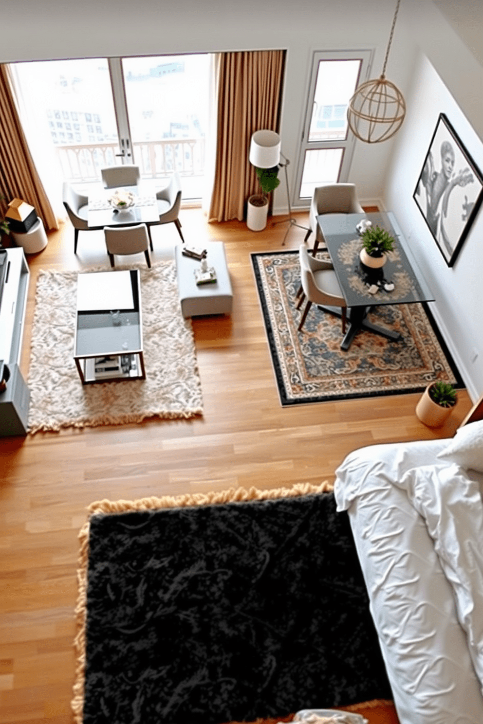 An L-shaped apartment featuring distinct zones defined by stylish rugs. The living area showcases a plush area rug under a sleek coffee table, creating a cozy conversation space. In the dining zone, a patterned rug complements a modern dining table surrounded by elegant chairs. The bedroom area features a soft rug that adds warmth and comfort beneath the bed, enhancing the overall aesthetic of the space.