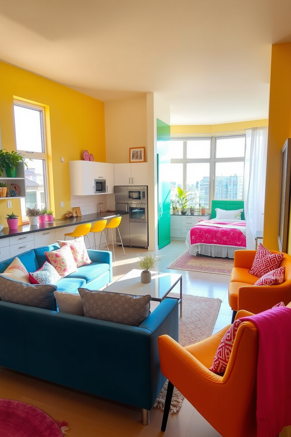 Bright colors to enhance natural light. The living area features large windows that invite sunlight, with walls painted in a vibrant yellow that reflects warmth and energy. The furniture includes a stylish blue sofa and a cheerful orange armchair, arranged to create an inviting conversation space. Decorative cushions in various bright patterns add texture and interest to the seating arrangement. The kitchen area is designed with white cabinetry and a bright green backsplash, complemented by colorful bar stools at the island. Potted plants on the windowsill bring a touch of nature indoors, enhancing the overall brightness of the space. The bedroom incorporates bold pink accents through bedding and artwork, creating a lively yet cozy atmosphere. A large mirror opposite the window further amplifies the natural light, making the room feel spacious and airy. The bathroom continues the theme with aqua tiles and a playful shower curtain, adding a refreshing touch. Bright towels and accessories complete the design, ensuring that every corner of the apartment feels vibrant and alive.