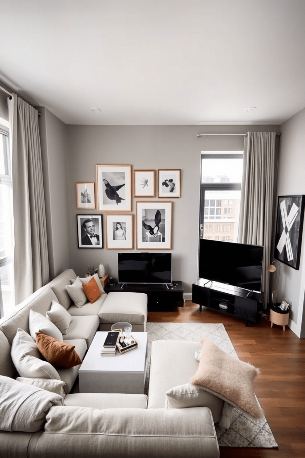 Create a gallery wall featuring a mix of framed artwork, including abstract pieces and black and white photographs. The wall is painted in a soft gray hue to enhance the colors of the artwork and create a cohesive look. In the L-shaped apartment, the living area is defined by a cozy sectional sofa facing a sleek entertainment unit. Natural light floods the space through large windows, complemented by minimalist curtains that add a touch of elegance.