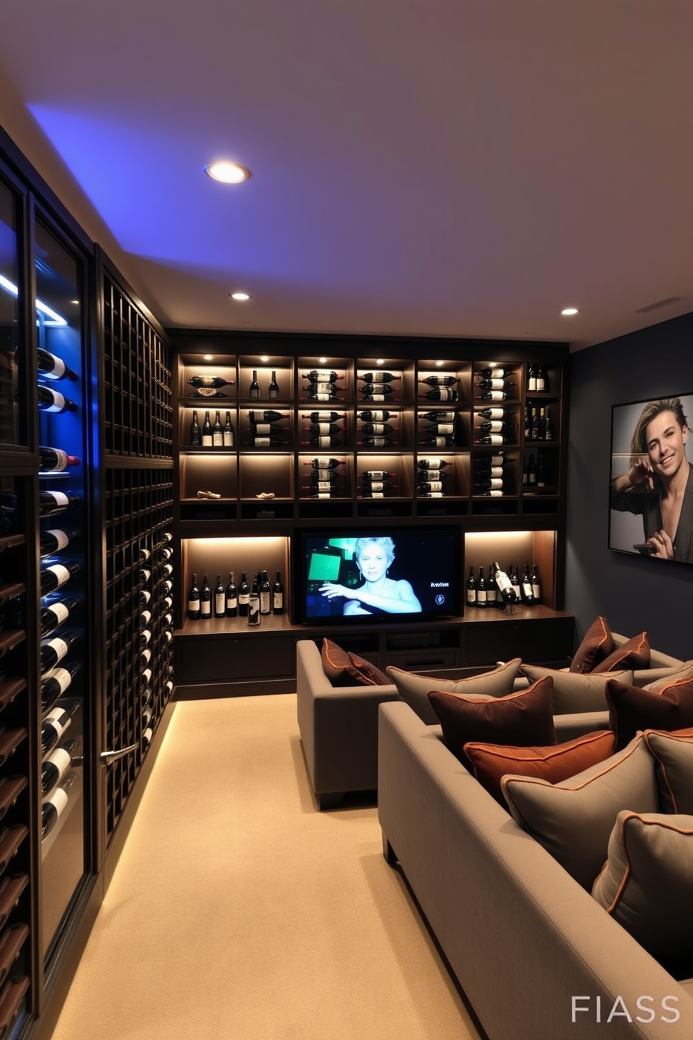 A luxurious wine cellar featuring climate control technology. The room is designed with dark wooden shelves that elegantly display a collection of fine wines, with soft LED lighting illuminating the bottles. The L-shaped basement is designed for both functionality and style. It includes a cozy seating area with plush sofas and a modern entertainment center, creating the perfect space for relaxation and entertainment.
