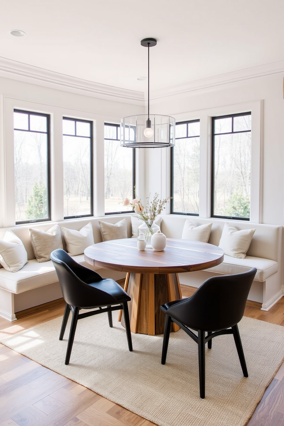 Cozy corner banquette seating arrangement with plush cushions in soft neutral tones. The table is round and made of reclaimed wood, surrounded by stylish yet comfortable chairs. L-shaped dining room design featuring a modern dining table with sleek lines. Large windows allow natural light to fill the space, complemented by elegant pendant lighting overhead.