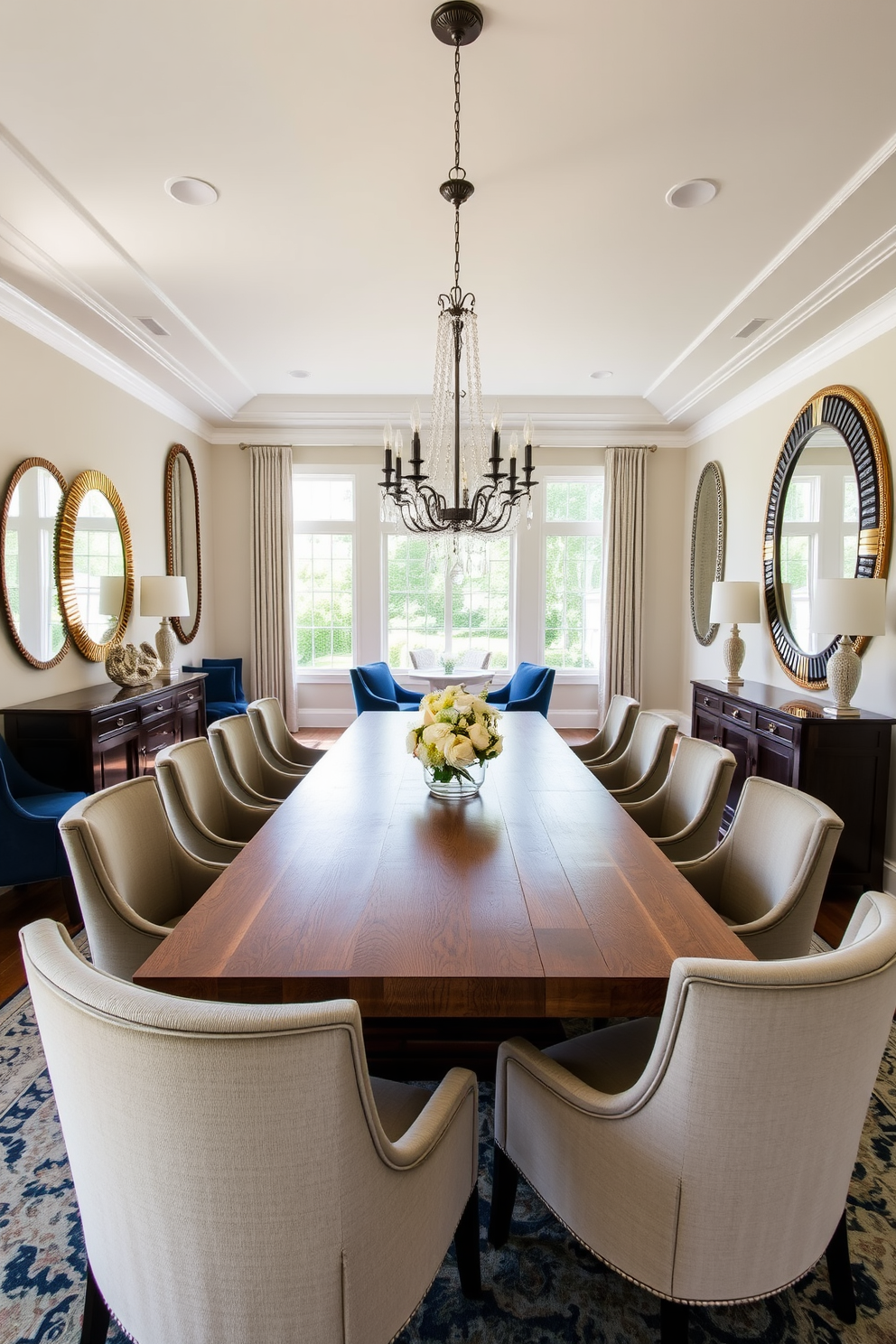 A stylish L-shaped dining room features a large wooden table surrounded by elegant upholstered chairs. A statement chandelier hangs above the table, while mirrors are strategically placed on the walls to enhance the perception of space. The color palette consists of soft neutrals with pops of deep blue accents. Large windows allow natural light to flood the room, creating an inviting atmosphere for gatherings.