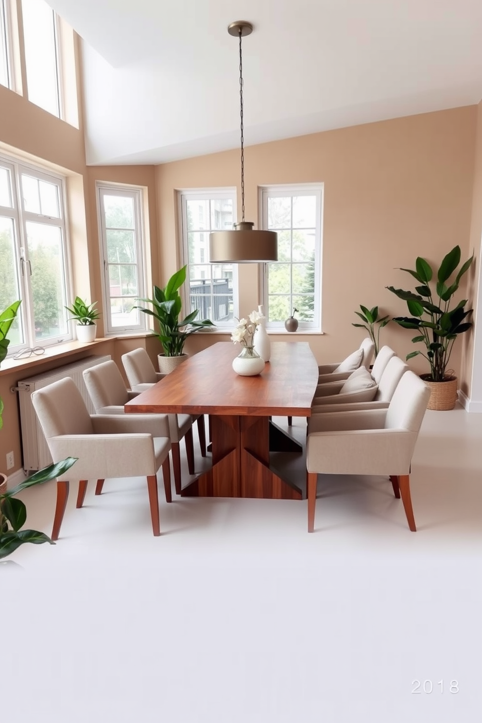 An L-shaped dining room featuring a sleek wooden table surrounded by upholstered chairs in a soft neutral tone. Large windows allow natural light to flood the space, while potted plants in the corners add a fresh touch to the overall design. The walls are painted in a warm beige, complementing the rich wood tones of the furniture. A stylish pendant light hangs above the table, creating a cozy atmosphere for dining and entertaining.