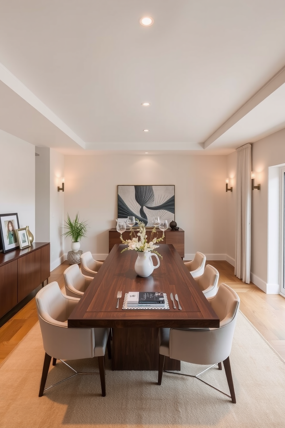 A stylish L-shaped dining room with a modern wooden table surrounded by upholstered chairs. The walls are adorned with soft neutral tones, and wall-mounted lights create a warm ambiance, highlighting the elegant decor. In one corner, a sleek sideboard complements the dining table, decorated with tasteful art pieces. Large windows allow natural light to flood the space, enhancing the inviting atmosphere.