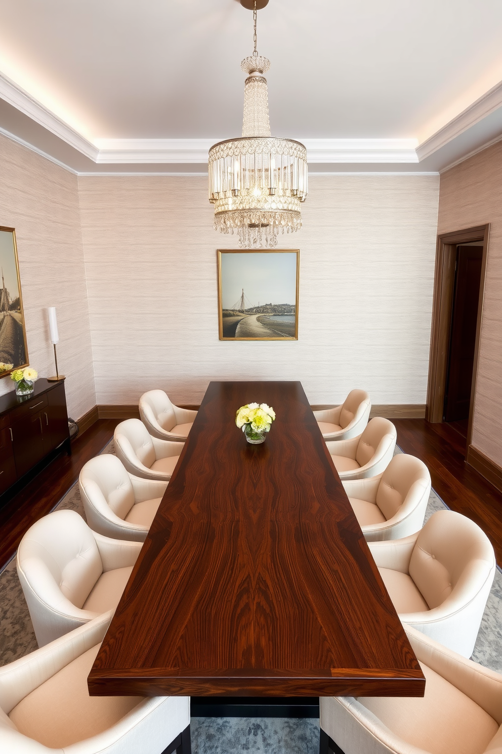 A long rectangular table is the centerpiece of an elegant L-shaped dining room. The table is crafted from rich walnut wood and is surrounded by plush upholstered chairs in a soft cream fabric. The walls are adorned with subtle textured wallpaper in a light taupe hue, creating a warm and inviting atmosphere. A statement chandelier hangs above the table, casting a soft glow over the space and enhancing the overall sophistication.