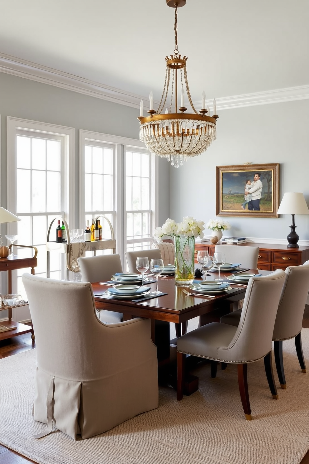 An elegant L-shaped dining room features a stylish bar cart in the corner, showcasing an array of glassware and spirits. The dining table, set for six, is surrounded by upholstered chairs that complement the room's color palette of soft blues and warm neutrals. Natural light floods the space through large windows, illuminating the rich wood tones of the furniture. A statement chandelier hangs above the table, adding a touch of sophistication to the overall design.