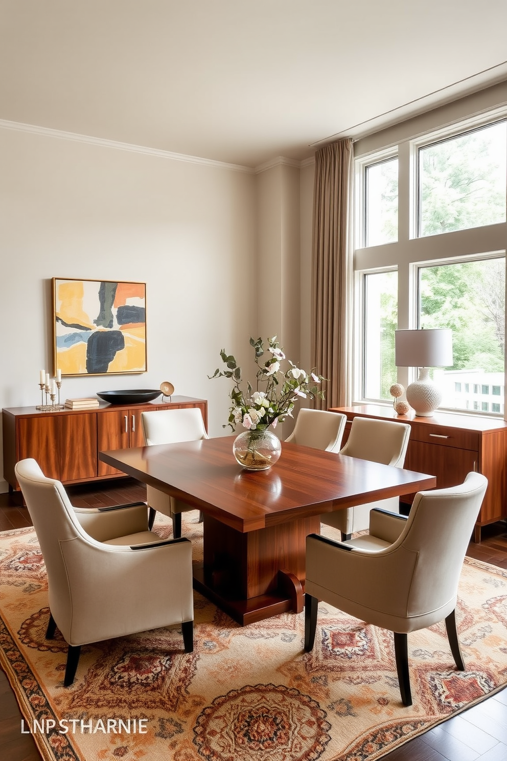 An elegant L-shaped dining room features a sleek wooden table surrounded by plush upholstered chairs in a soft neutral tone. The walls are adorned with contemporary artwork that reflects the homeowner's personal style, adding a vibrant touch to the space. A stylish sideboard against one wall holds decorative items and serves as a functional storage solution. Large windows allow natural light to flood the room, highlighting the rich textures of the area rug beneath the table.