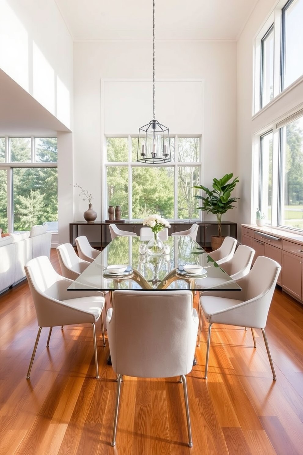 A spacious L-shaped dining room features a sleek glass table that enhances the sense of openness in the space. Surrounding the table are modern upholstered chairs in a neutral tone, creating an inviting yet elegant atmosphere. Natural light floods the room through large windows, highlighting the warm wood flooring and soft color palette. A stylish pendant light hangs above the table, adding a focal point that complements the overall design.