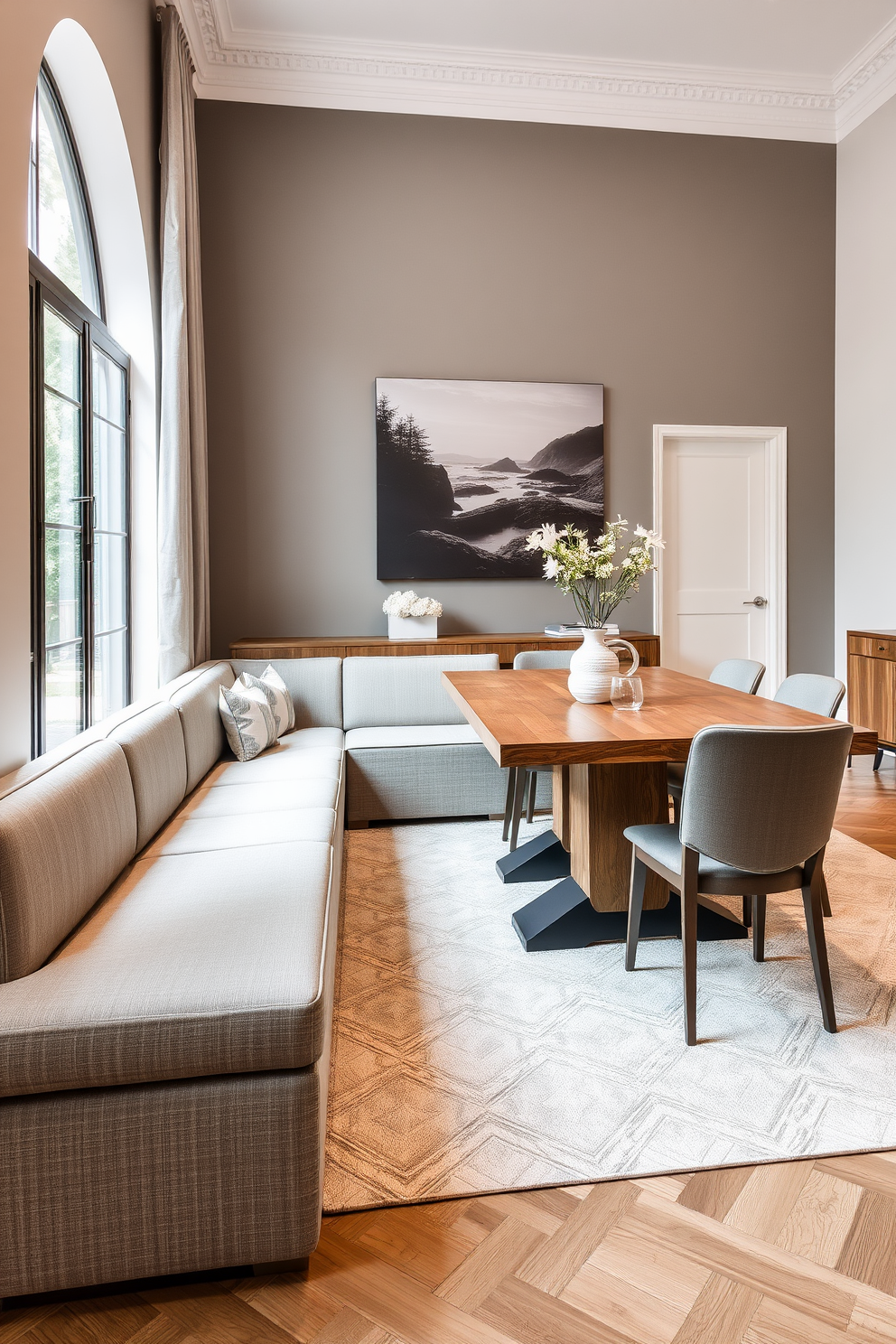 A stylish L-shaped dining room featuring a modern bench for flexible seating. The bench is upholstered in a soft gray fabric, complementing a large wooden dining table surrounded by elegant chairs.