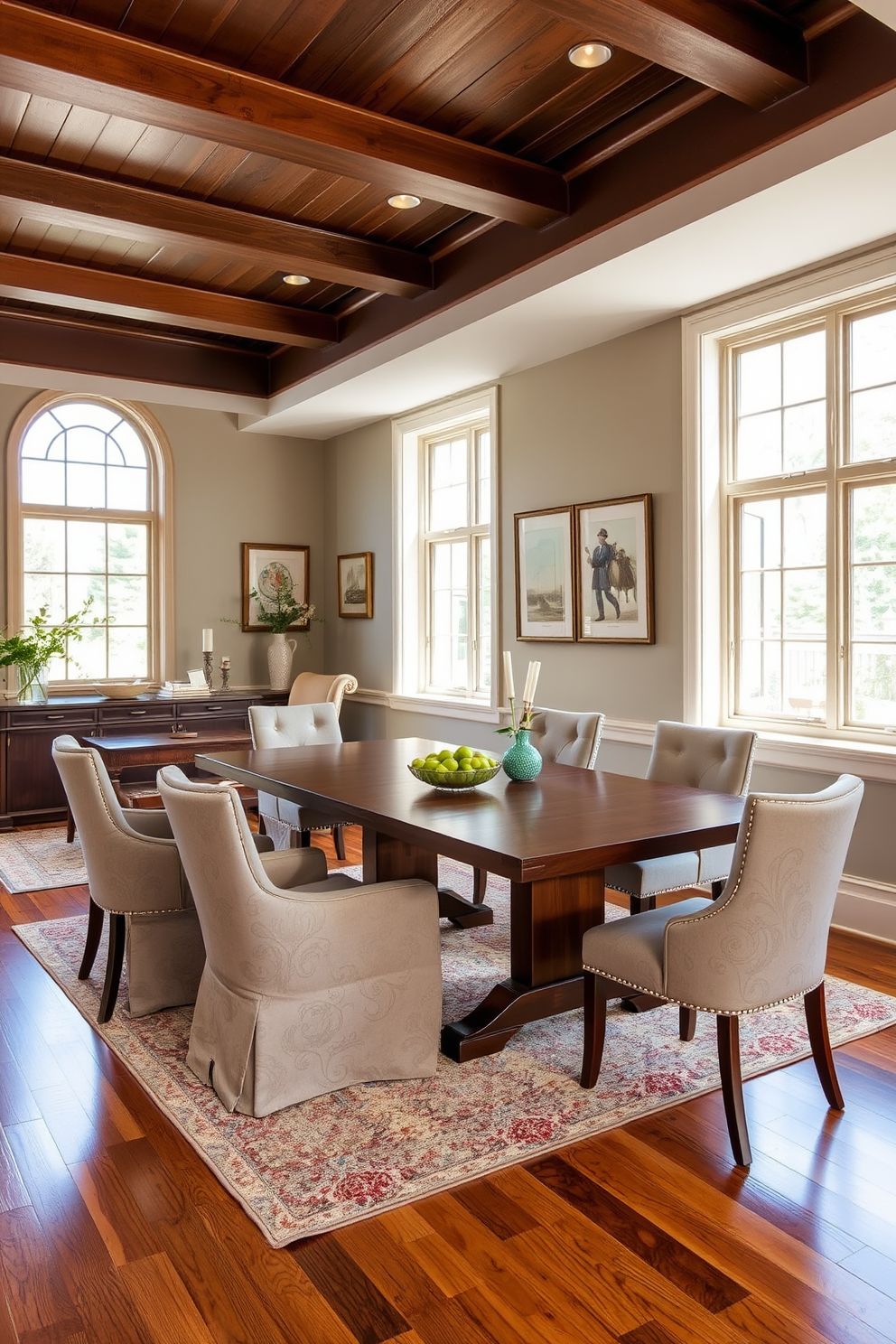 A stylish L-shaped dining room features a drop-leaf table that allows for versatile dining arrangements. Surrounding the table are elegant upholstered chairs that complement the room's color palette. Large windows allow natural light to flood the space, enhancing the warm tones of the wooden flooring. On the walls, tasteful artwork adds a personal touch and creates a welcoming atmosphere.