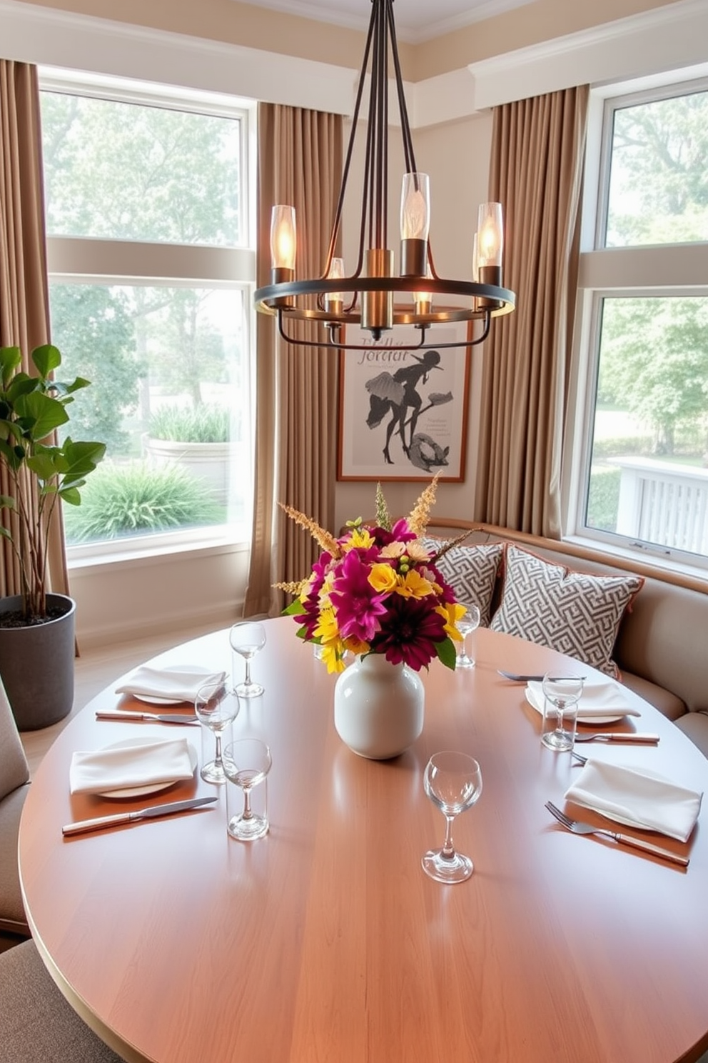 A stylish round dining table centerpiece features a vibrant floral arrangement in a ceramic vase surrounded by elegant place settings. Soft lighting from a modern chandelier casts a warm glow, enhancing the inviting atmosphere of the space. The L-shaped dining room design incorporates a cozy banquette seating along one wall, complemented by a sleek wooden table. Large windows allow natural light to flood the room, creating a bright and airy feel while offering beautiful views of the outdoors.