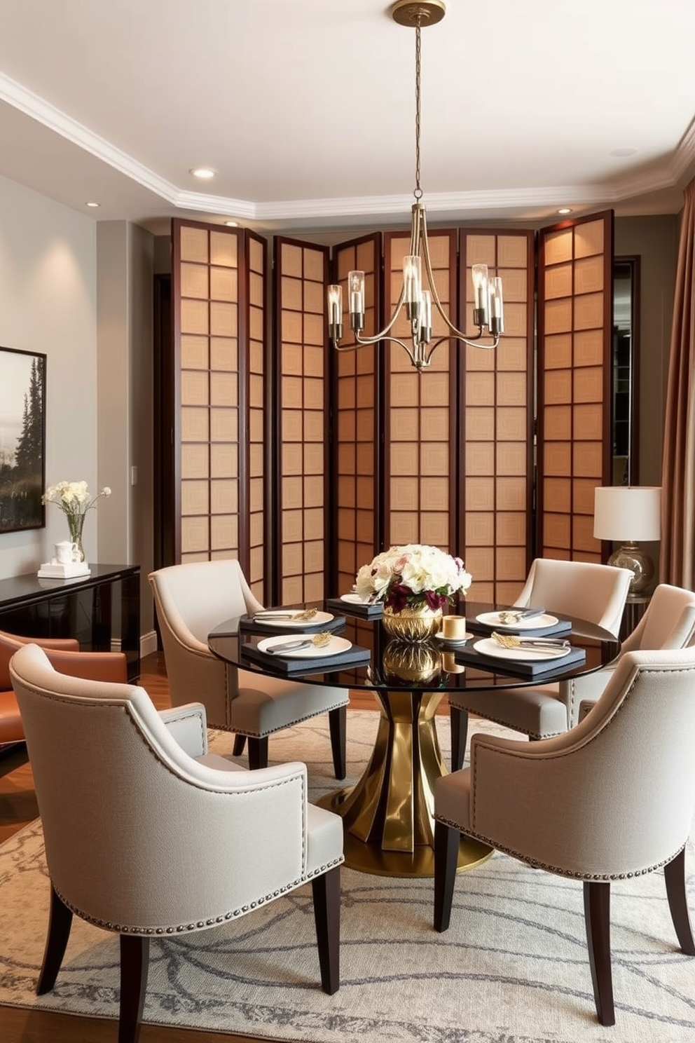 Create an L-shaped dining room that features a stylish folding screen for privacy. The room should have a modern dining table surrounded by elegant chairs, with soft lighting that enhances the cozy atmosphere. Incorporate a mix of textures and colors to create a warm and inviting space. Add decorative elements such as artwork on the walls and a centerpiece on the table to complete the design.