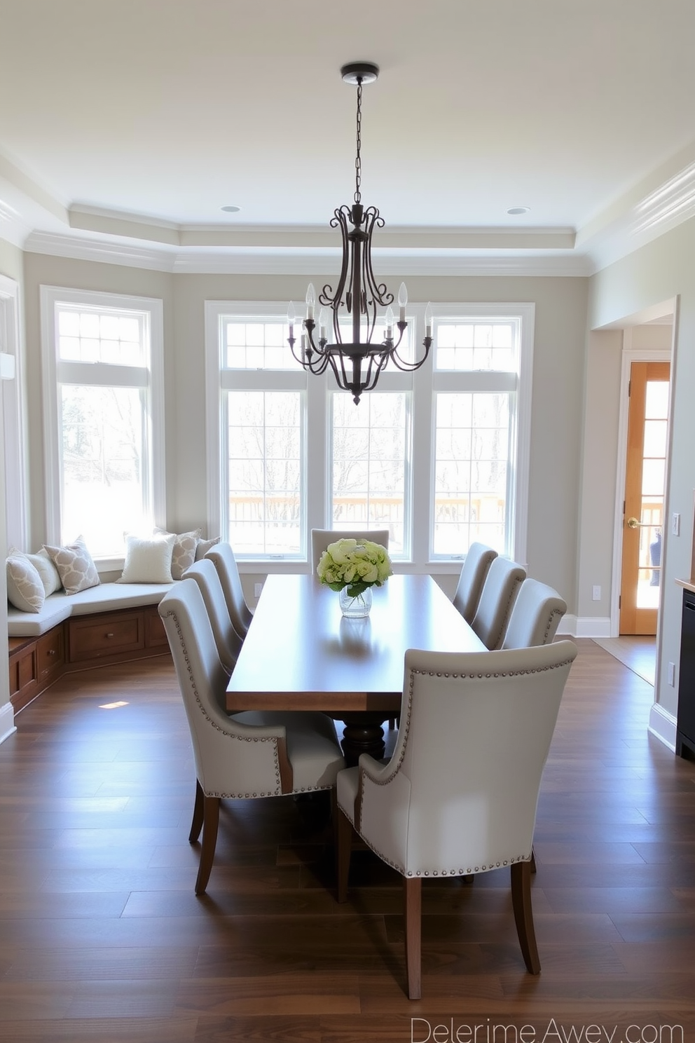 A spacious L-shaped dining room features a built-in window seat adorned with plush cushions and a soft throw blanket. The dining table is centered in the room, surrounded by elegant upholstered chairs, creating an inviting atmosphere for family gatherings. Natural light floods the space through large windows, highlighting the warm wood tones of the furniture and the soft neutral color palette of the walls. A statement chandelier hangs above the table, adding a touch of sophistication to the overall design.