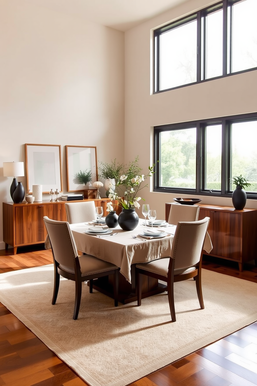 A stylish L-shaped dining room featuring a sleek buffet for serving space. The buffet is positioned against one wall, adorned with decorative items and elegant tableware. The dining table is set with a neutral tablecloth and surrounded by comfortable upholstered chairs. Large windows allow natural light to flood the room, highlighting the warm wood tones of the furniture.