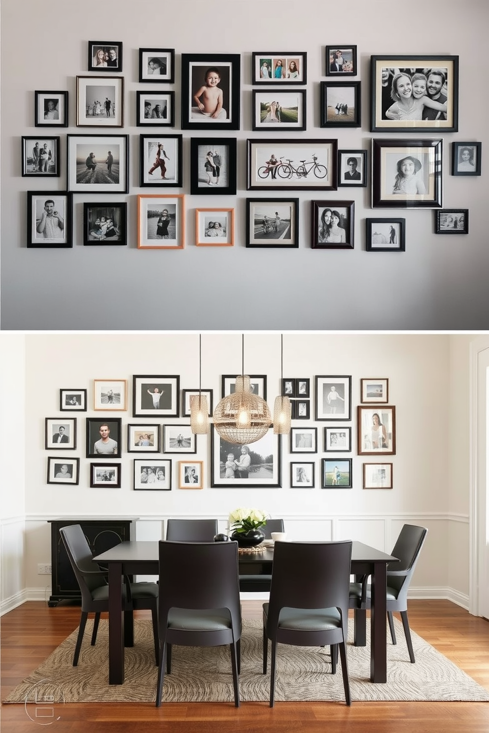 Create a gallery wall featuring a collection of family photos in various frame styles and sizes. The wall is painted in a soft neutral tone to enhance the visual impact of the images. Design an L-shaped dining room that combines functionality and elegance. The space includes a modern dining table surrounded by stylish chairs, with decorative lighting fixtures hanging above.