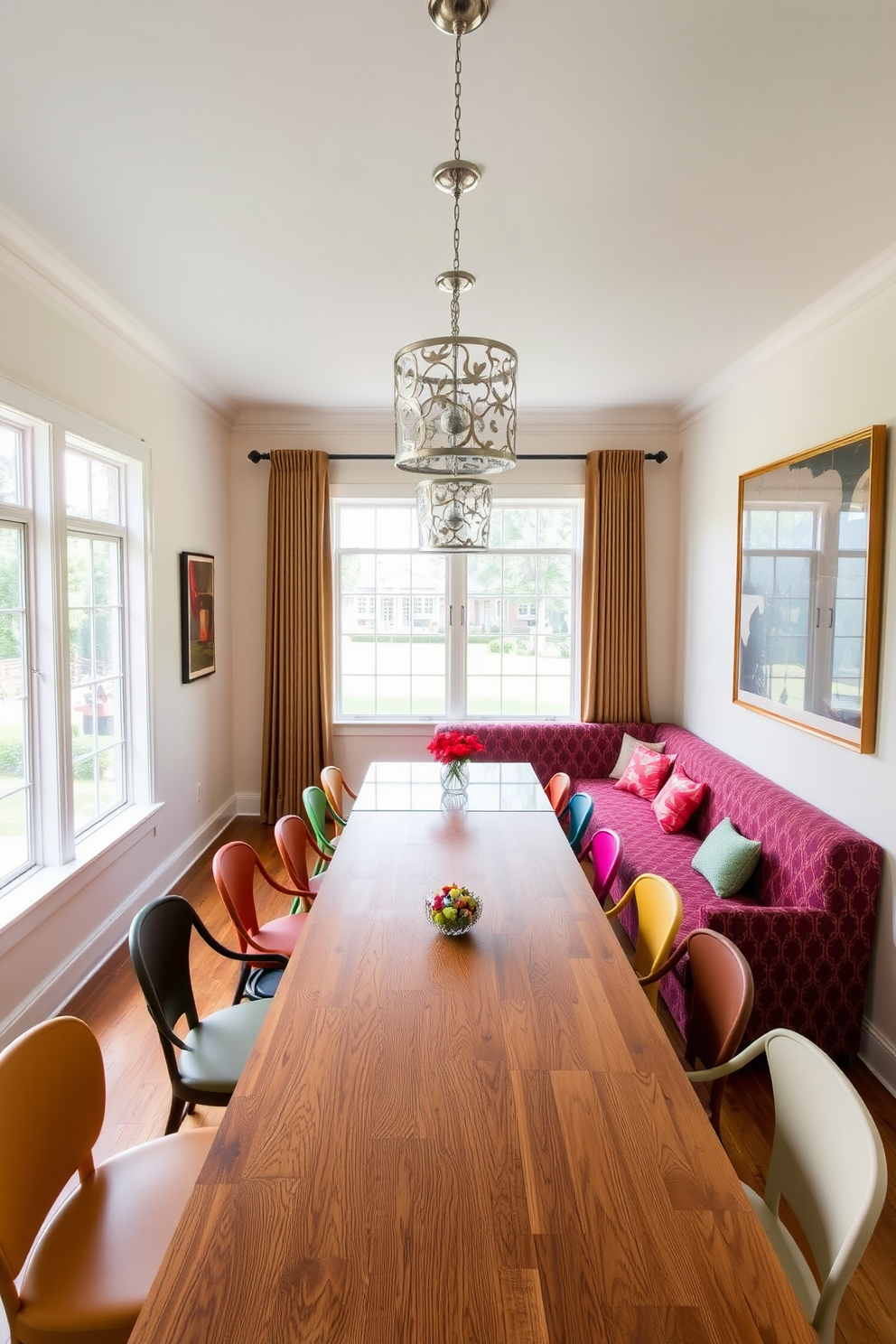 A vibrant dining room featuring a long wooden table surrounded by an eclectic mix of dining chairs in various colors and styles. The walls are painted in a soft cream tone, and large windows allow natural light to flood the space, highlighting the unique chair designs. An L-shaped dining area with a cozy corner banquette upholstered in a rich fabric, complemented by a sleek glass table. Decorative pendant lights hang above, creating an inviting atmosphere for gatherings and meals.