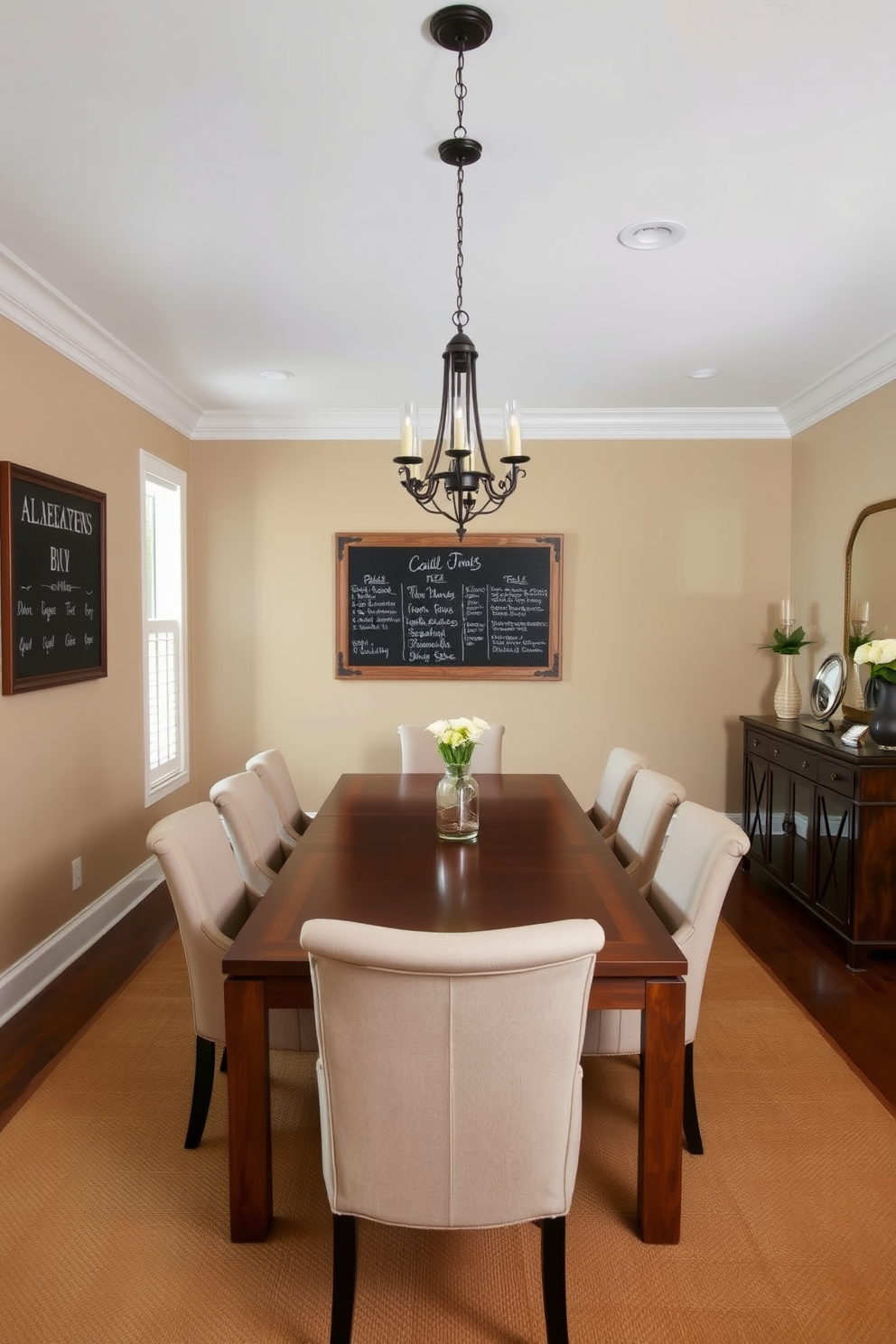 An inviting L-shaped dining room features a large wooden table surrounded by upholstered chairs in a soft neutral fabric. A chalkboard is mounted on the wall for menu displays, adding a casual yet stylish touch to the space. The walls are painted in a warm beige tone, complemented by elegant pendant lighting hanging above the table. A sideboard against one wall provides additional storage and serves as a display for decorative items and tableware.