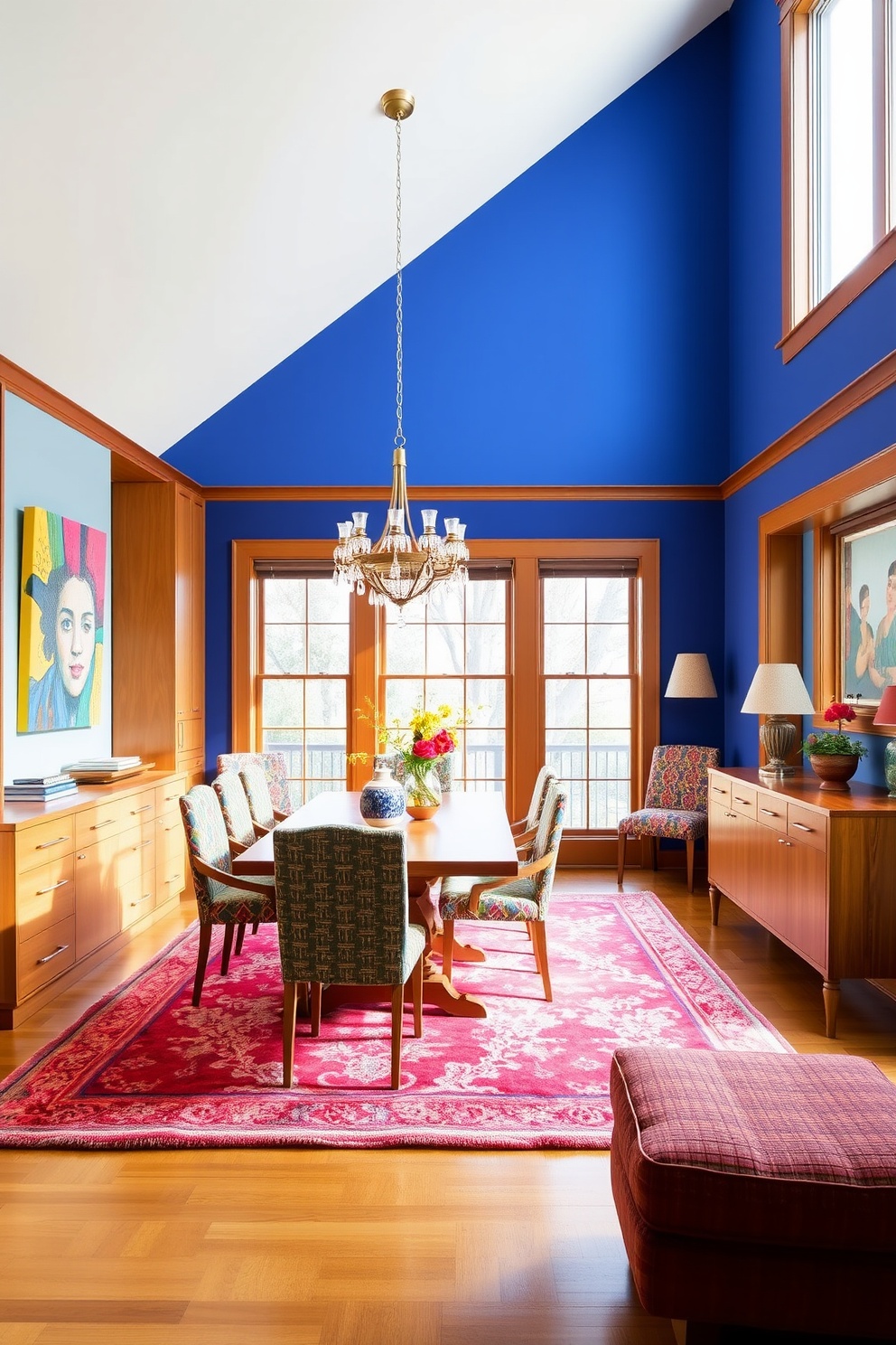 A vibrant L-shaped dining room features an accent wall painted in a bold royal blue that contrasts beautifully with the warm wood tones of the furniture. The dining table is surrounded by colorful upholstered chairs, each showcasing a unique pattern that adds character to the space. Large windows allow natural light to flood the room, highlighting the eclectic mix of decor elements such as a statement chandelier and vibrant artwork. A plush area rug in rich hues anchors the dining area, creating a cozy and inviting atmosphere for family gatherings.