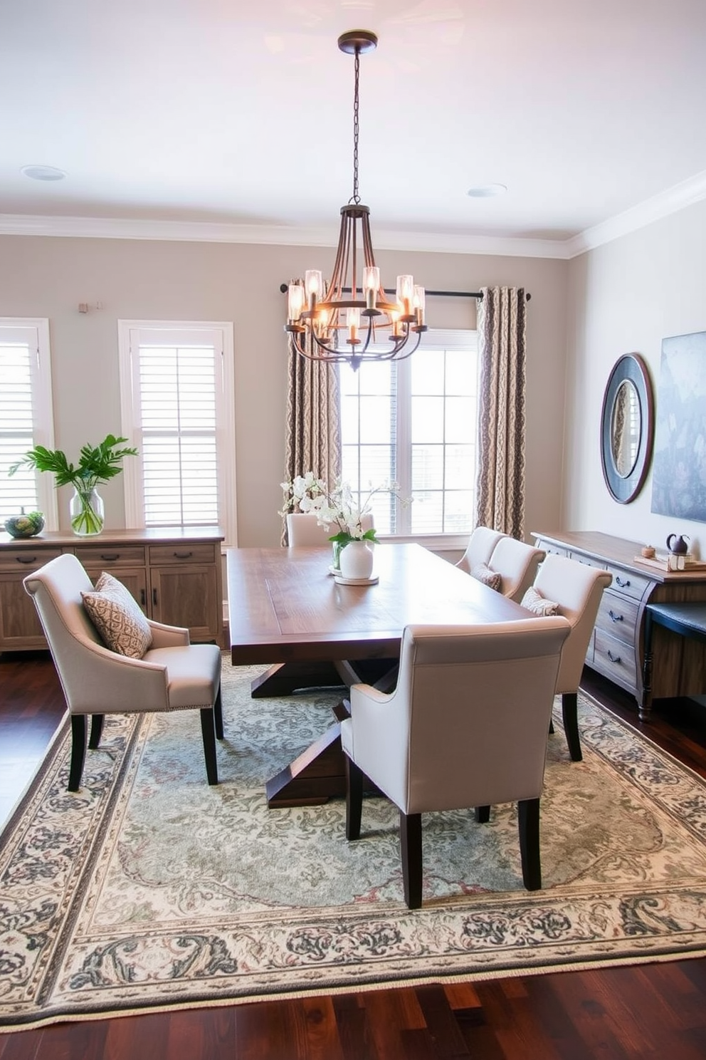 A cozy L-shaped dining room features layered rugs that add warmth and texture to the space. The main rug is a large, neutral-toned piece, while a smaller, patterned rug is layered on top, creating visual interest. The dining table is made of reclaimed wood, surrounded by upholstered chairs in a complementary hue. A statement chandelier hangs above the table, casting a warm glow over the inviting setting.