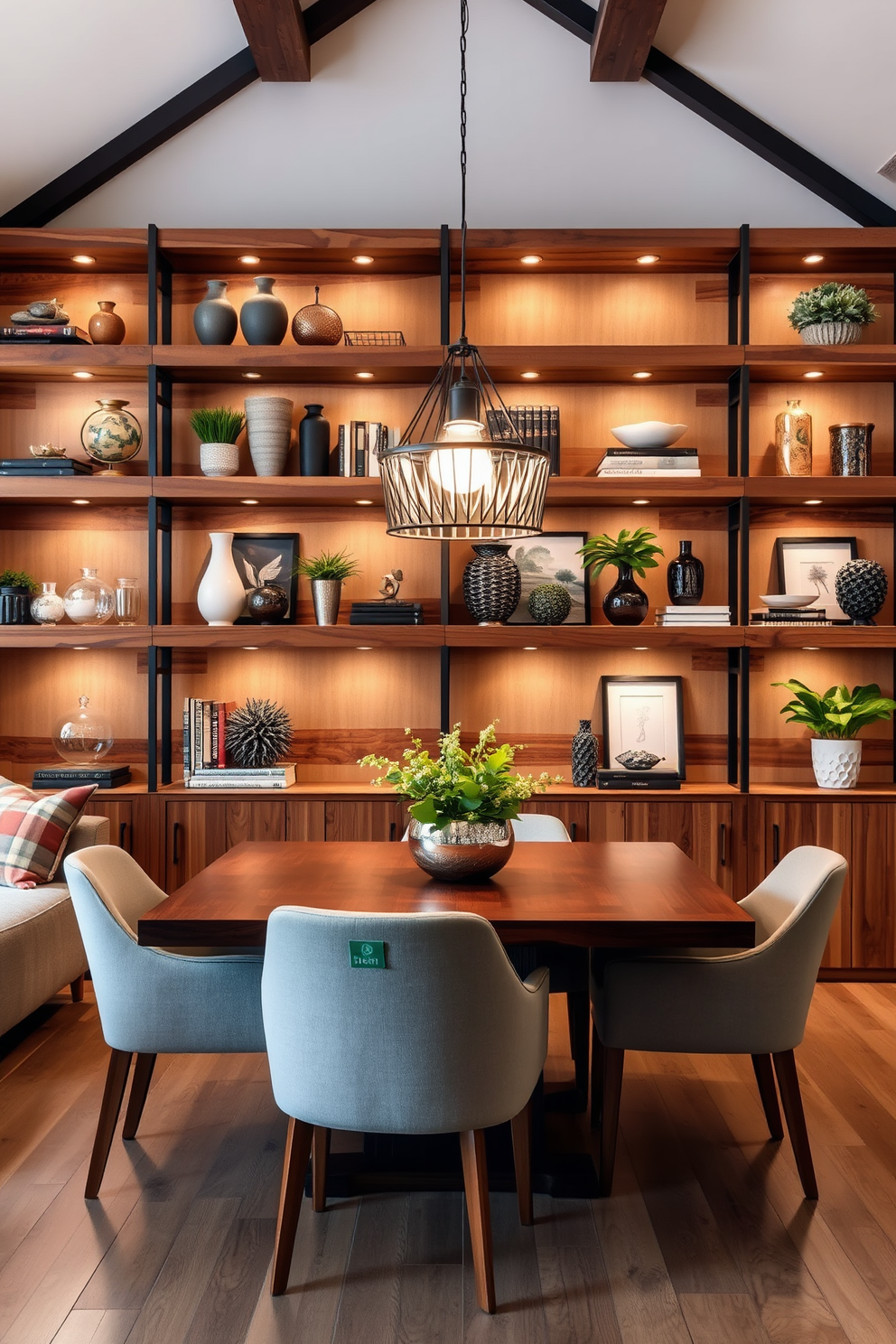 Open shelving for decorative displays. The shelves are crafted from reclaimed wood and are filled with an array of curated decorative items such as vases, books, and plants. L-Shaped Dining Room Design Ideas. The dining area features a sleek wooden table surrounded by upholstered chairs, with a stunning pendant light hanging above to create an inviting atmosphere.