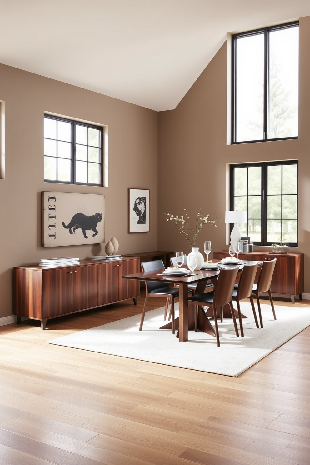 A stylish L-shaped dining room featuring a sleek sideboard for extra storage. The sideboard is finished in a rich walnut wood, complementing the elegant dining table set for six. The walls are painted in a soft taupe, providing a warm backdrop for the space. Large windows allow natural light to flood in, enhancing the inviting atmosphere of the room.