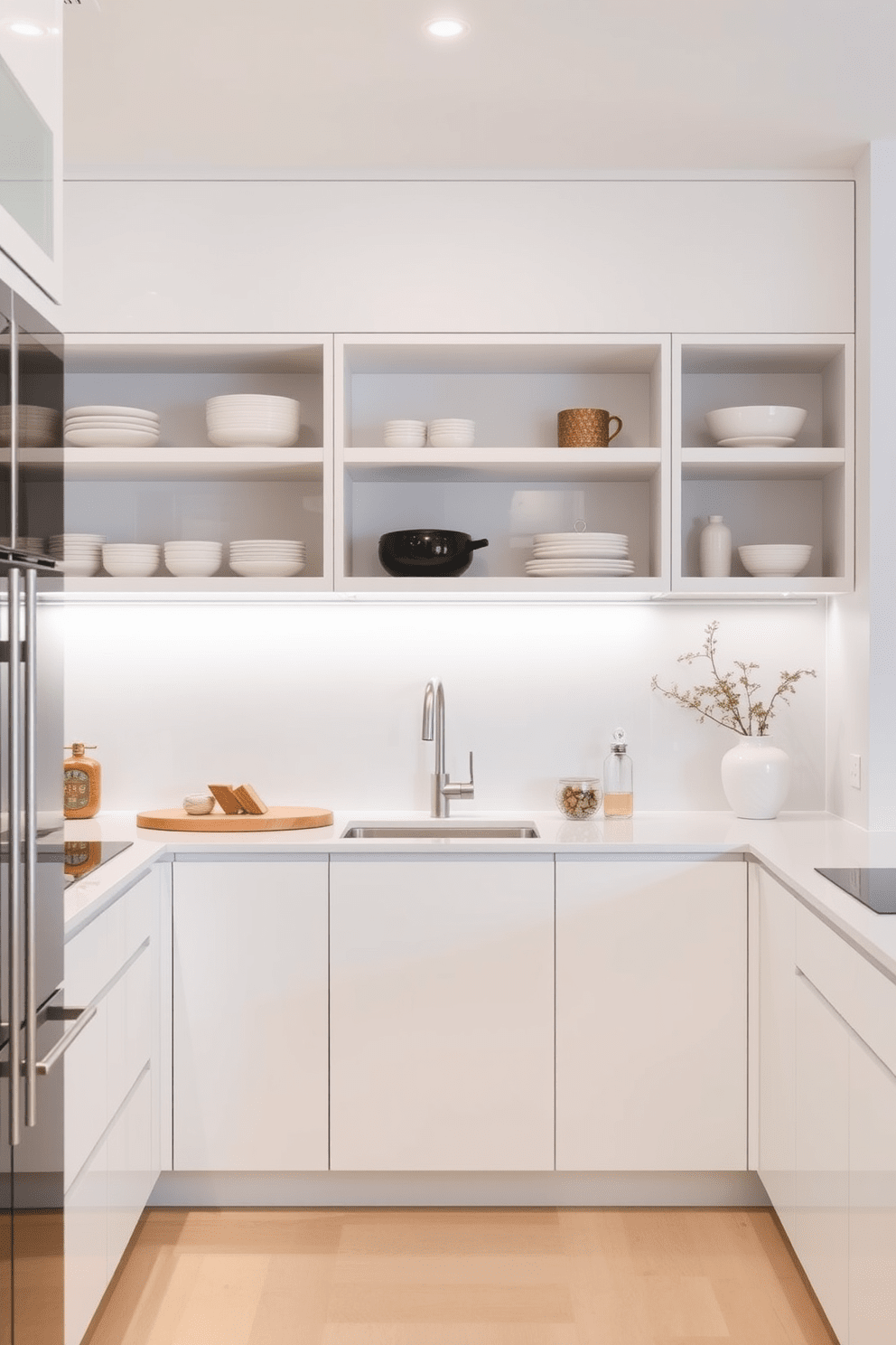 A sleek L-shaped kitchen features modern minimalist cabinetry in a crisp white finish. Open shelves display carefully curated dishware and decorative items, creating an airy and inviting atmosphere.