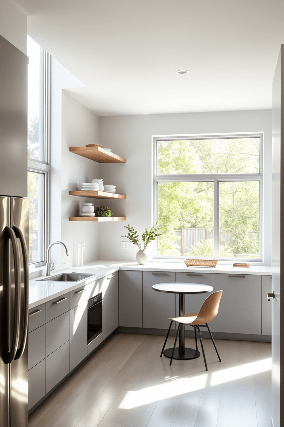 A modern L-shaped kitchen featuring sleek floating shelves that create an open and spacious atmosphere. The countertops are made of white quartz, and the cabinetry is a soft gray, complemented by stainless steel appliances. Natural light floods the space through large windows, illuminating the minimalist decor. A cozy breakfast nook with a small round table and stylish chairs adds functionality and charm to the design.