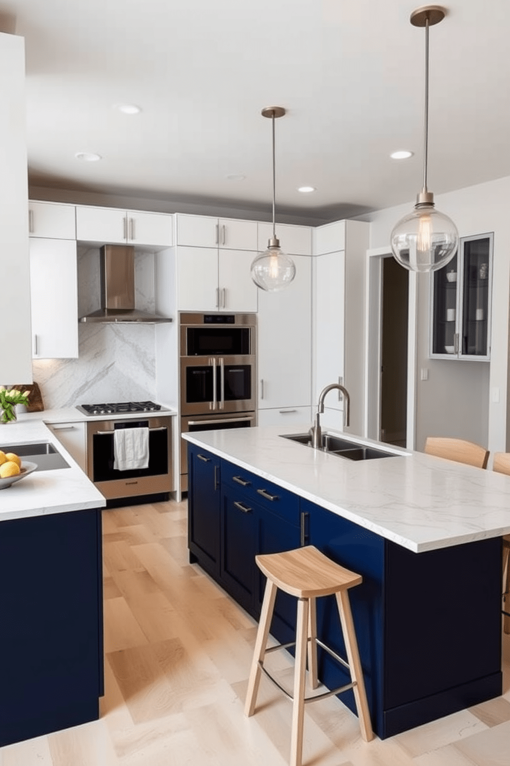 A contemporary L-shaped kitchen featuring a contrasting island color that adds visual interest. The cabinetry is a sleek matte white while the island boasts a rich navy blue finish, creating a striking focal point. The countertops are made of durable quartz with subtle veining, complementing the overall design. Pendant lights hang above the island, casting a warm glow over the space, while bar stools in a light wood finish provide seating.