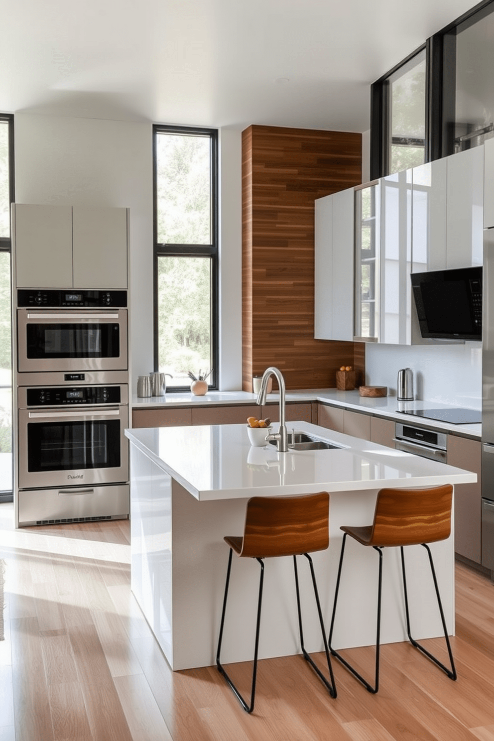 A modern L-shaped kitchen featuring integrated appliances for a seamless look. The cabinetry is sleek and minimalist with a glossy finish, and the countertops are made of durable quartz in a light color. The kitchen island serves as both a prep area and a casual dining space with stylish bar stools. Large windows allow natural light to flood the space, enhancing the warm tones of the wood accents throughout the design.