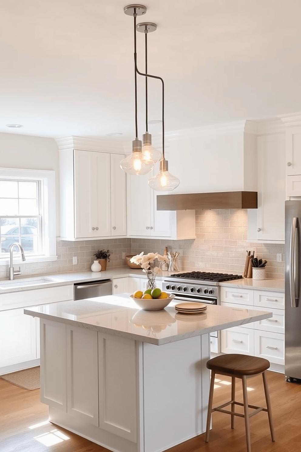 Chic pendant lights hang gracefully over a spacious kitchen island, casting a warm glow across the room. The L-shaped kitchen features sleek cabinetry in a soft white finish, complemented by a stylish backsplash of subway tiles in a light gray hue.