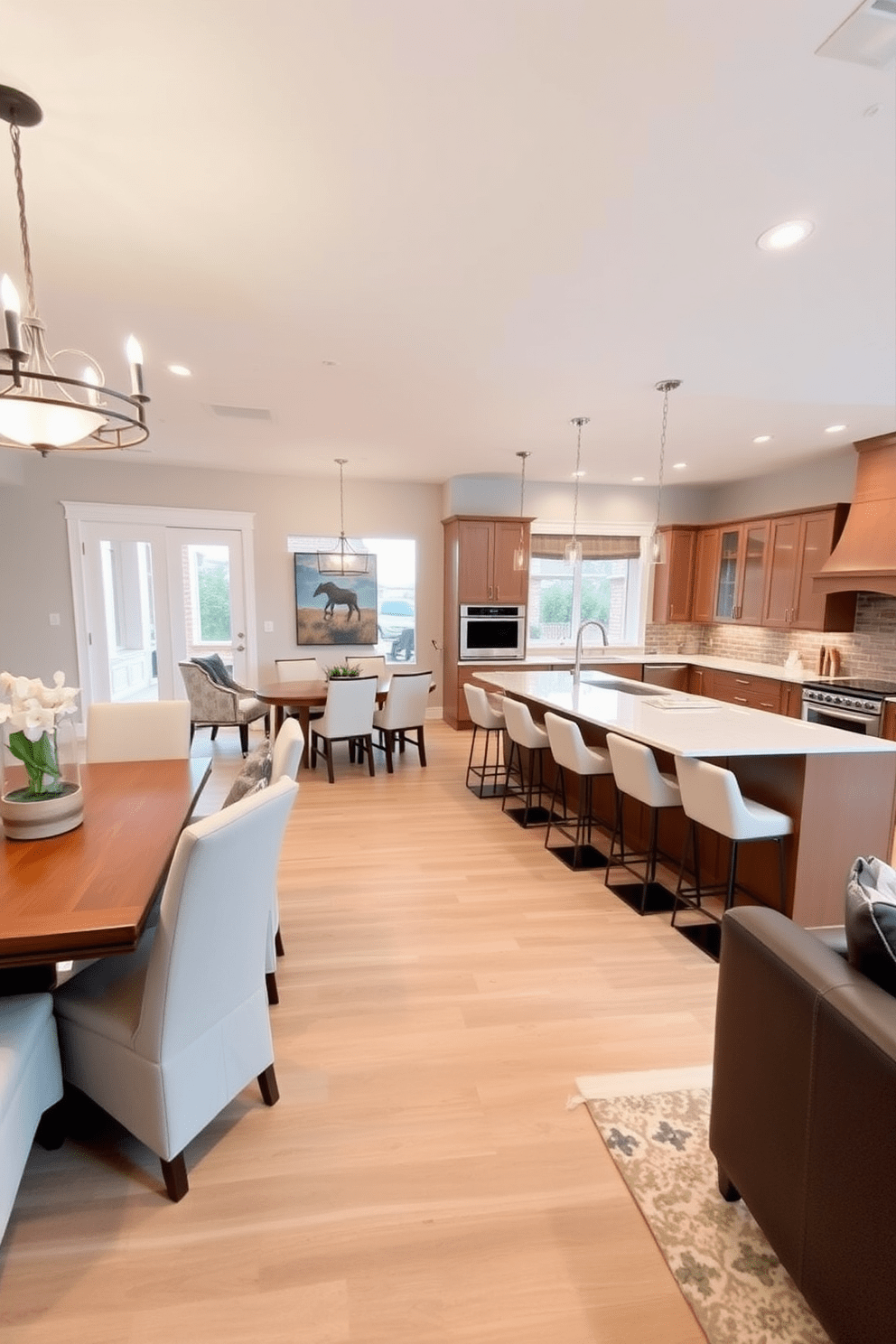 A spacious open floor plan seamlessly connects the dining area and kitchen, creating an inviting atmosphere for gatherings. The dining space features a large wooden table surrounded by upholstered chairs, while the kitchen boasts sleek cabinetry and a large island with bar stools. The L-shaped kitchen design maximizes efficiency with ample counter space and storage options. Modern appliances are integrated into the cabinetry, and a stylish backsplash adds a pop of color to the overall aesthetic.