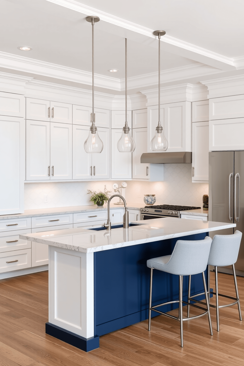 A sleek L-shaped kitchen with elegant crown molding that adds a polished finish. The cabinetry is a soft white with brushed nickel hardware, and the countertops are a stunning quartz with subtle veining. The kitchen island features a contrasting navy blue base with bar stools upholstered in a light gray fabric. Pendant lights hang above the island, providing warm illumination and enhancing the inviting atmosphere.