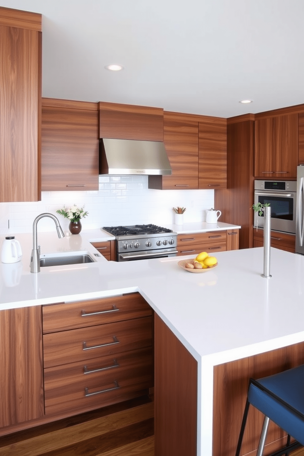 A modern L-shaped kitchen featuring warm wood accents and sleek white countertops. The cabinetry has a rich walnut finish, complemented by stainless steel appliances and a large island for additional workspace.