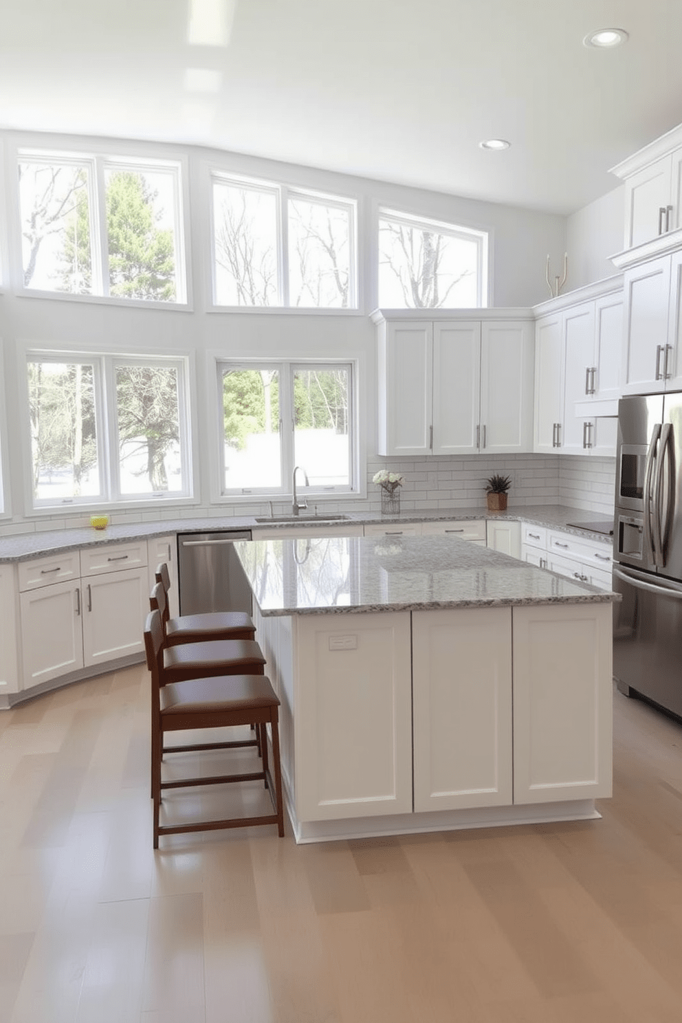 A bright L-shaped kitchen featuring large windows that allow natural light to flood the space. The cabinets are a sleek white with modern hardware, complemented by a spacious island in the center topped with a polished granite surface. The kitchen is equipped with stainless steel appliances and an elegant backsplash made of subway tiles. Comfortable bar stools line the island, creating a perfect spot for casual dining or entertaining guests.