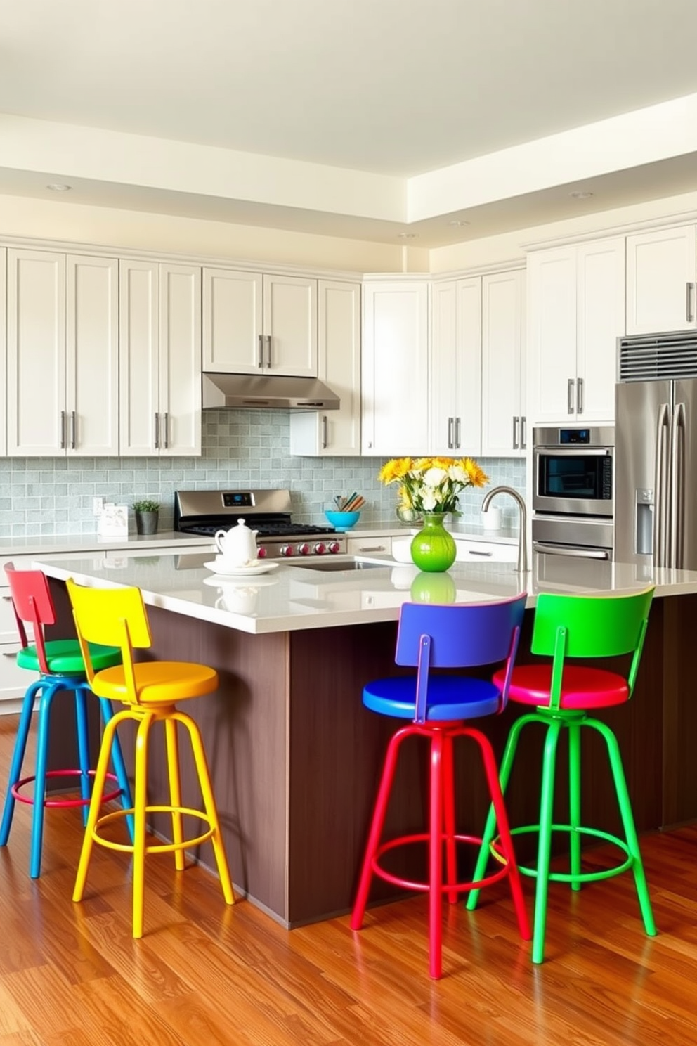 Colorful bar stools are arranged around a sleek kitchen island, adding a vibrant touch to the space. The stools feature a mix of bright hues, creating an inviting atmosphere for casual dining and entertaining. The L-shaped kitchen design maximizes functionality while maintaining an open feel. Stainless steel appliances complement the colorful accents, and ample cabinetry provides plenty of storage without sacrificing style.