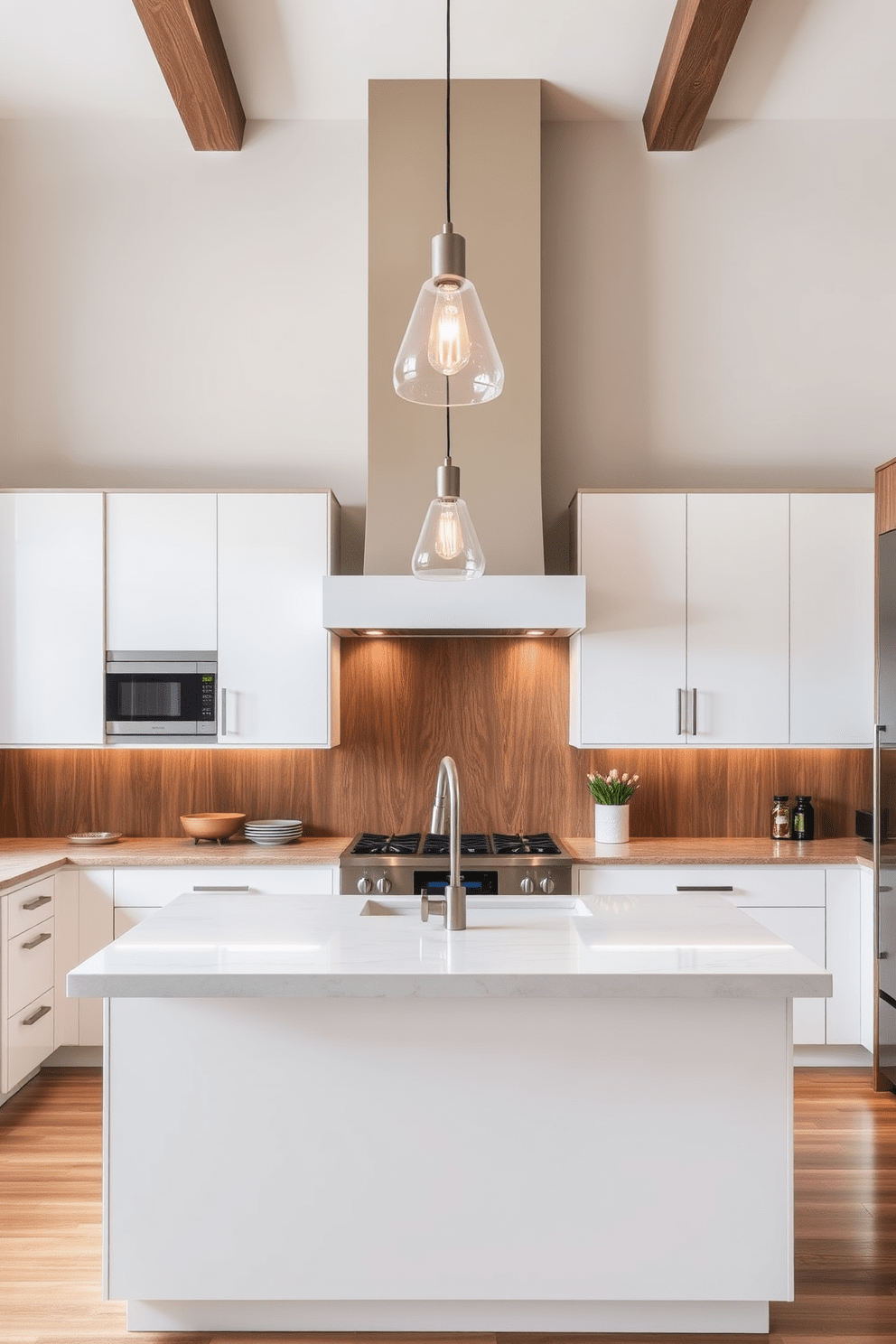 A stylish range hood serves as the focal point in an L-shaped kitchen design. The cabinetry features a mix of matte white and rich wood finishes, creating a harmonious contrast that enhances the overall aesthetic. The kitchen island is topped with a sleek quartz surface, providing ample space for meal preparation and casual dining. Pendant lights hang above the island, adding a touch of elegance while illuminating the workspace effectively.