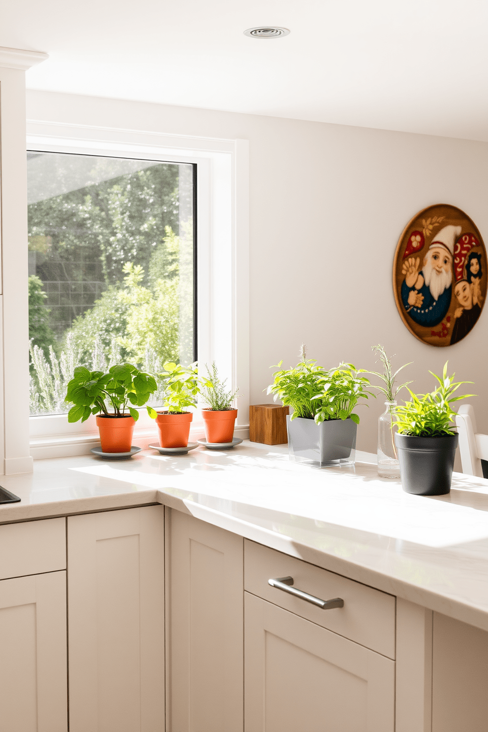 A lively herb garden sits on the window sill, featuring vibrant pots of basil, rosemary, and thyme. Sunlight streams in, illuminating the fresh greenery and creating a cheerful atmosphere. The L-shaped kitchen design maximizes space while providing an efficient workflow. Sleek cabinetry in soft white complements a stunning quartz countertop, and a stylish island serves as both a prep area and a casual dining spot.