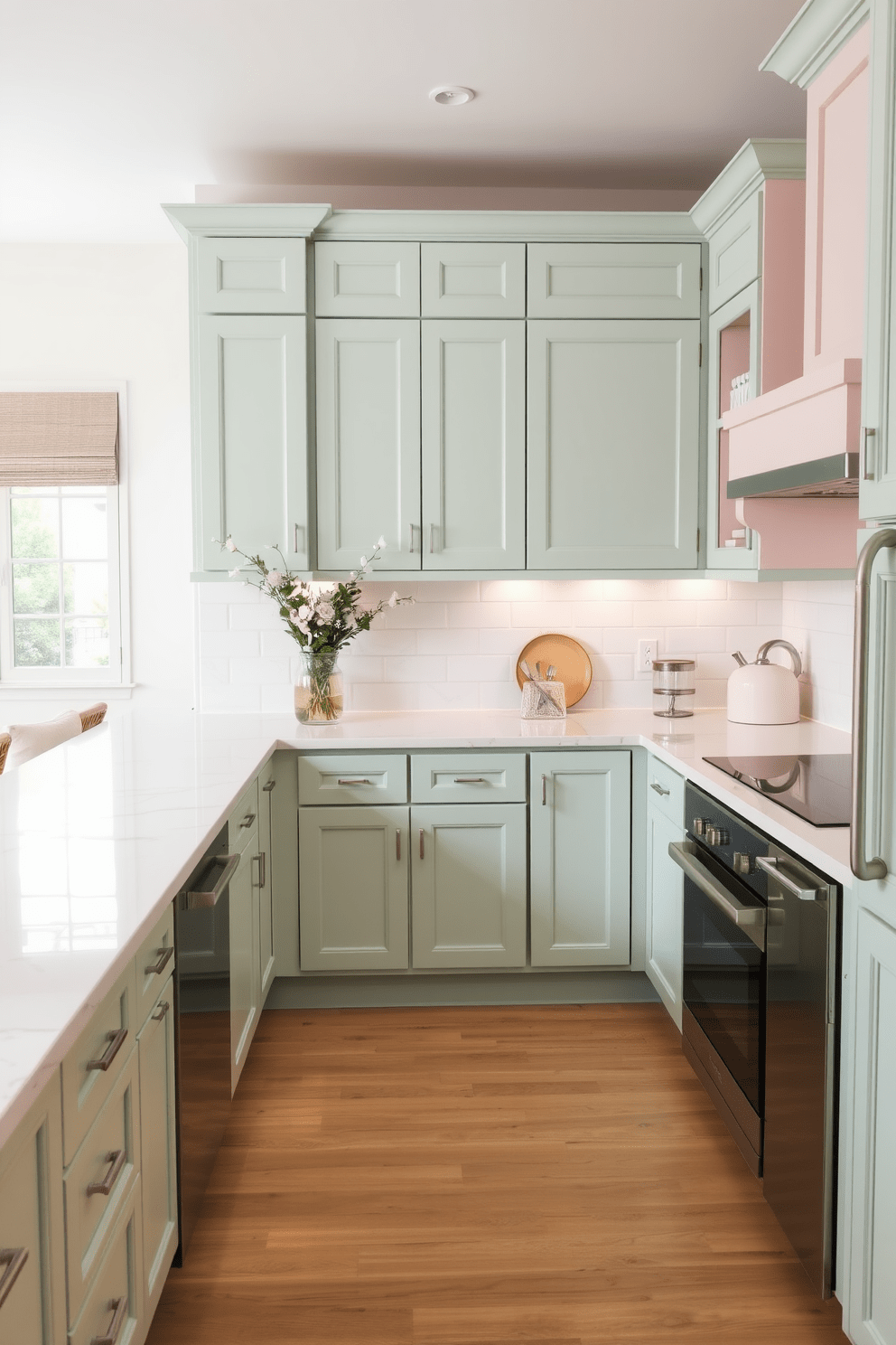 A serene L-shaped kitchen featuring a soft pastel color palette that promotes a calming vibe. The cabinetry is painted in a light mint green, complemented by pale pink accents on the backsplash and decor. The countertops are made of white quartz with subtle gray veining, providing an elegant contrast. A cozy breakfast nook with pastel-colored cushions invites relaxation and conversation.