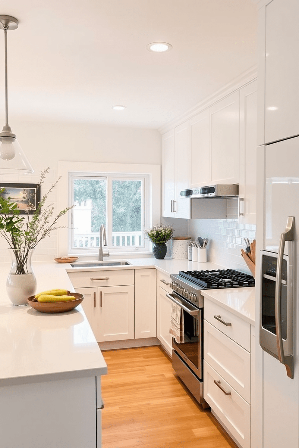 Bright white walls create a fresh and airy atmosphere in the kitchen. The L-shaped kitchen features sleek cabinetry and a spacious countertop, perfect for cooking and entertaining guests.