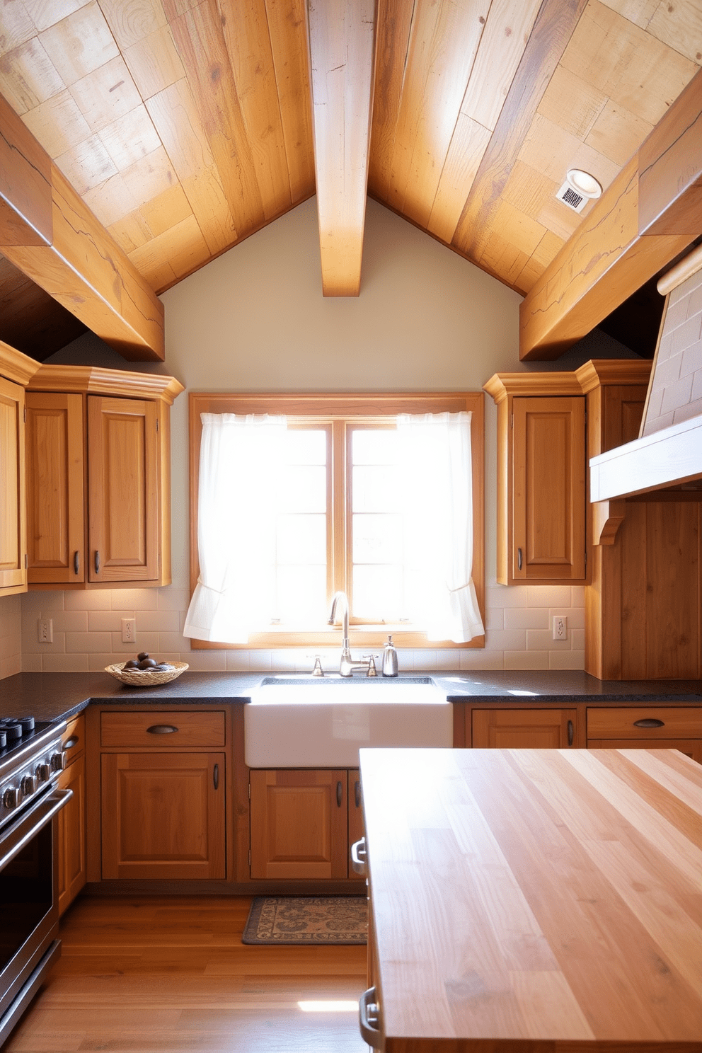 A cozy L-shaped kitchen featuring rustic wooden beams overhead creates an inviting atmosphere. The cabinetry is a warm, natural wood with a distressed finish, and the countertops are a rich, dark granite. A large farmhouse sink sits beneath a window, framed by sheer white curtains that allow natural light to flood the space. The kitchen island is topped with a butcher block surface, providing both functionality and charm.