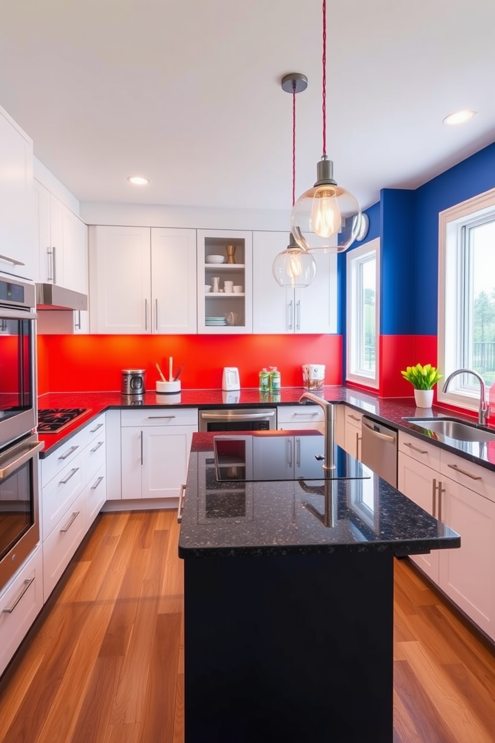 A vibrant L-shaped kitchen featuring a bold color backsplash that adds a striking contrast to the overall design. The cabinetry is sleek and modern, with stainless steel appliances seamlessly integrated into the space. The countertop is a rich, dark granite that complements the vivid backsplash, creating a dynamic visual appeal. Pendant lights hang above the island, casting a warm glow over the cooking area and enhancing the inviting atmosphere.