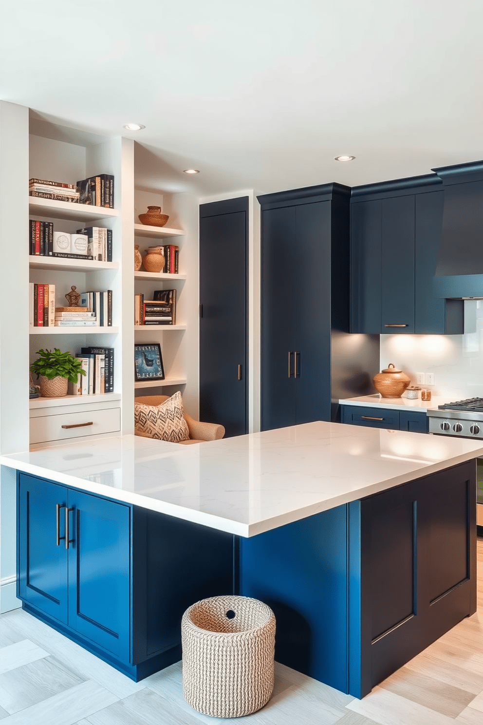 A creative corner space features built-in shelves that showcase a mix of books and decorative items. The shelves are painted in a soft white to brighten the area, while a cozy reading nook with a plush chair is nestled beside them. The L-shaped kitchen design incorporates a spacious island that provides additional counter space and seating. Sleek cabinetry in a deep navy blue contrasts beautifully with the light quartz countertops, creating a modern and inviting atmosphere.