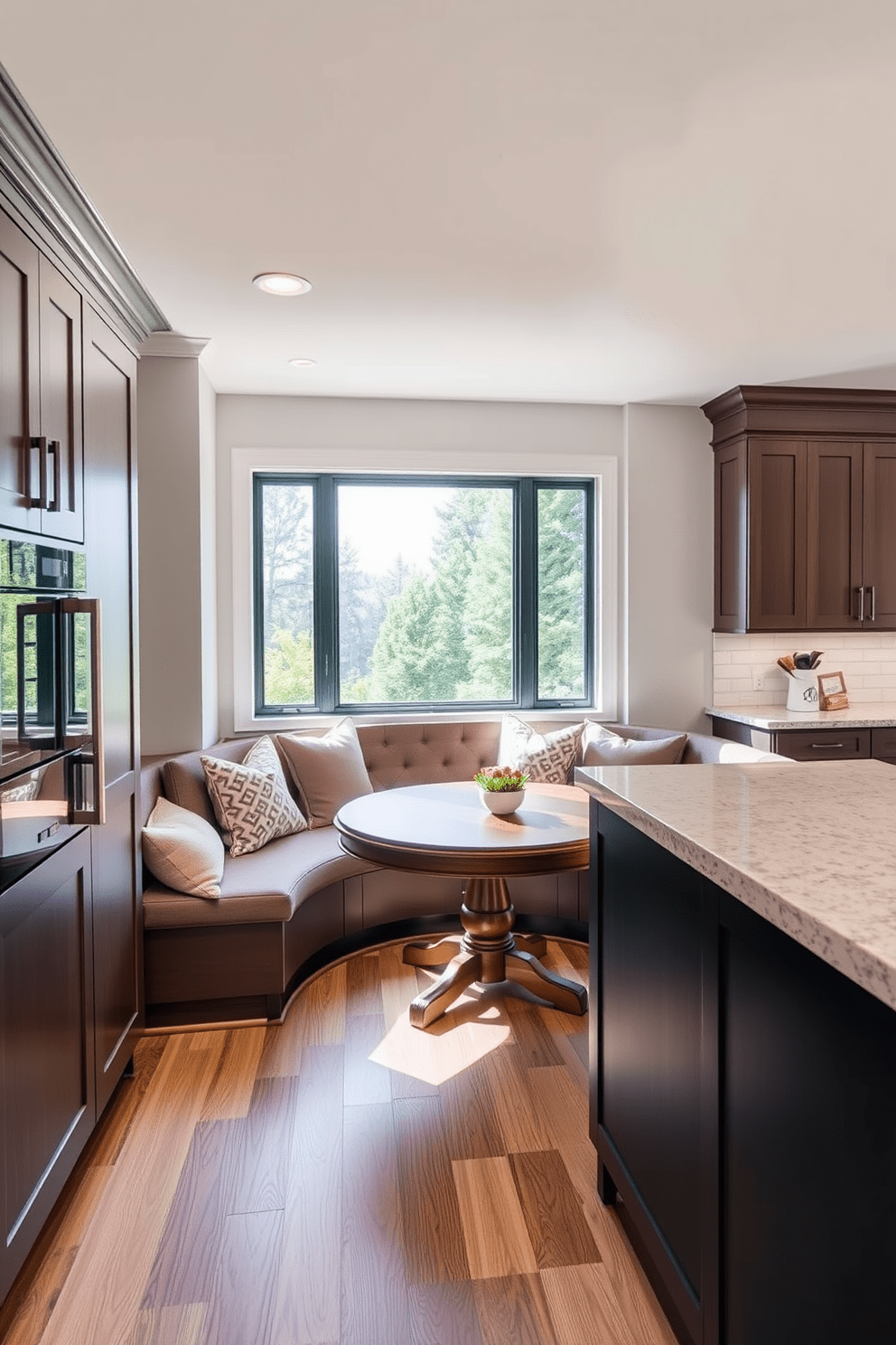 Cozy breakfast nook with built-in seating. The nook features a round wooden table surrounded by plush cushions and a large window that lets in natural light. L-shaped kitchen design ideas. The kitchen includes sleek cabinetry, a spacious island for meal prep, and modern appliances that enhance functionality and style.