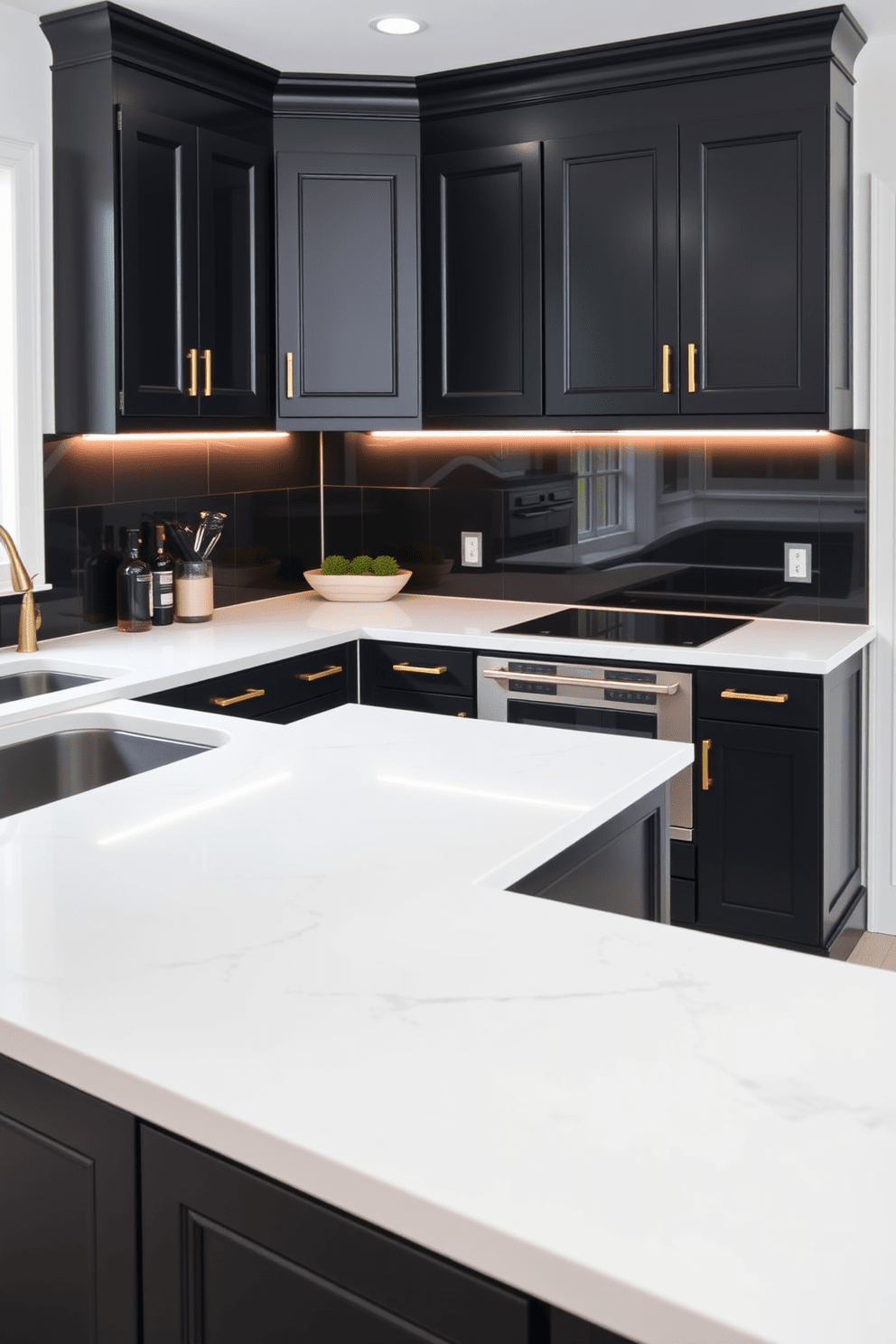 A modern L-shaped kitchen featuring sleek black cabinets adorned with elegant gold hardware. The countertops are a pristine white quartz, providing a striking contrast to the dark cabinetry, with a stylish island in the center for additional workspace and seating.